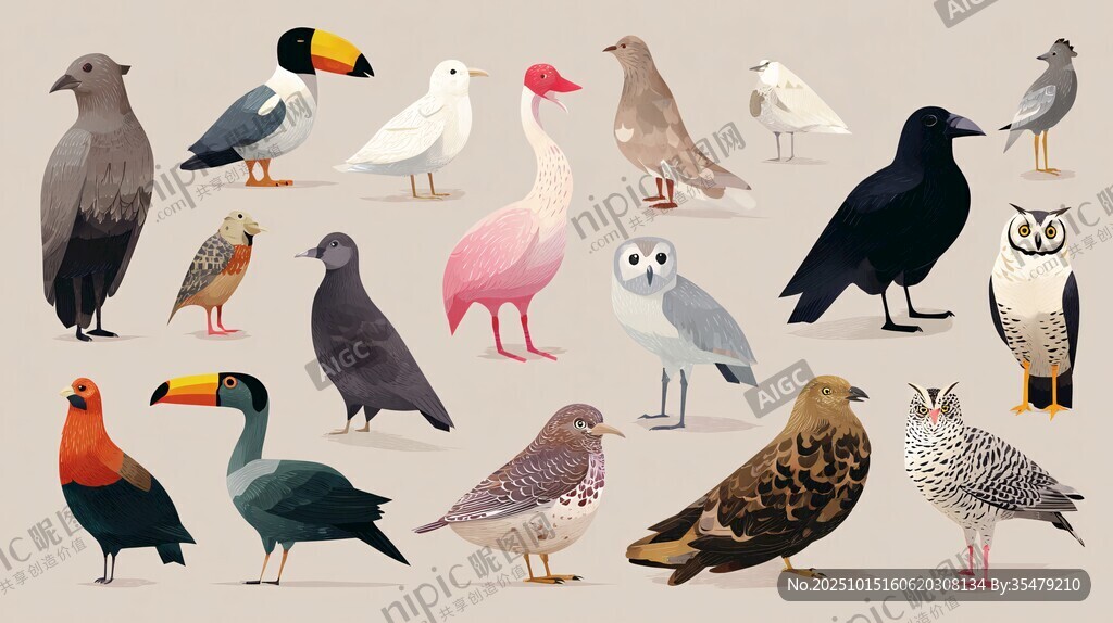 多樣鳥類集合插畫