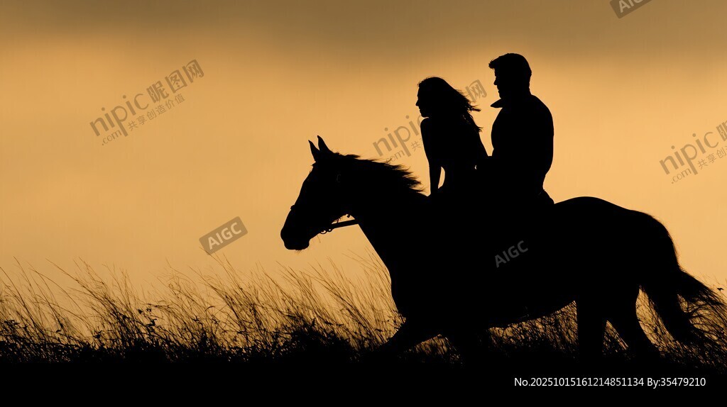 夕陽(yáng)下情侶騎馬浪漫剪影