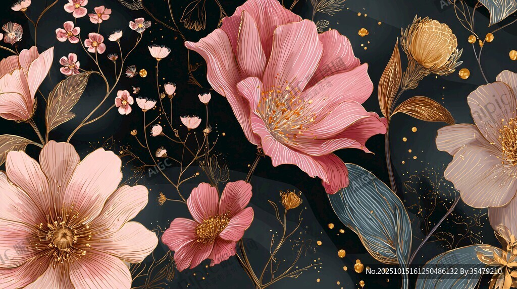 復(fù)古花卉插畫 黑金背景綻放