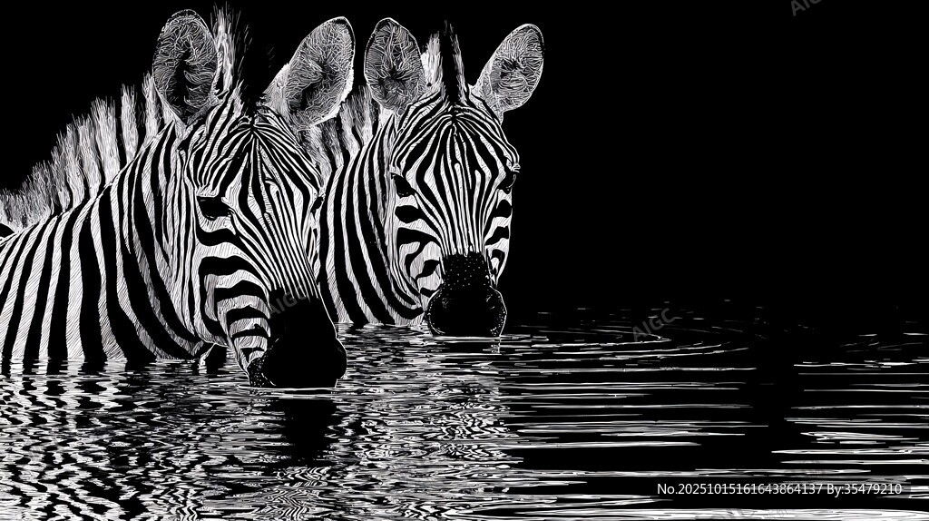 雙斑馬水中靜立的黑白影像