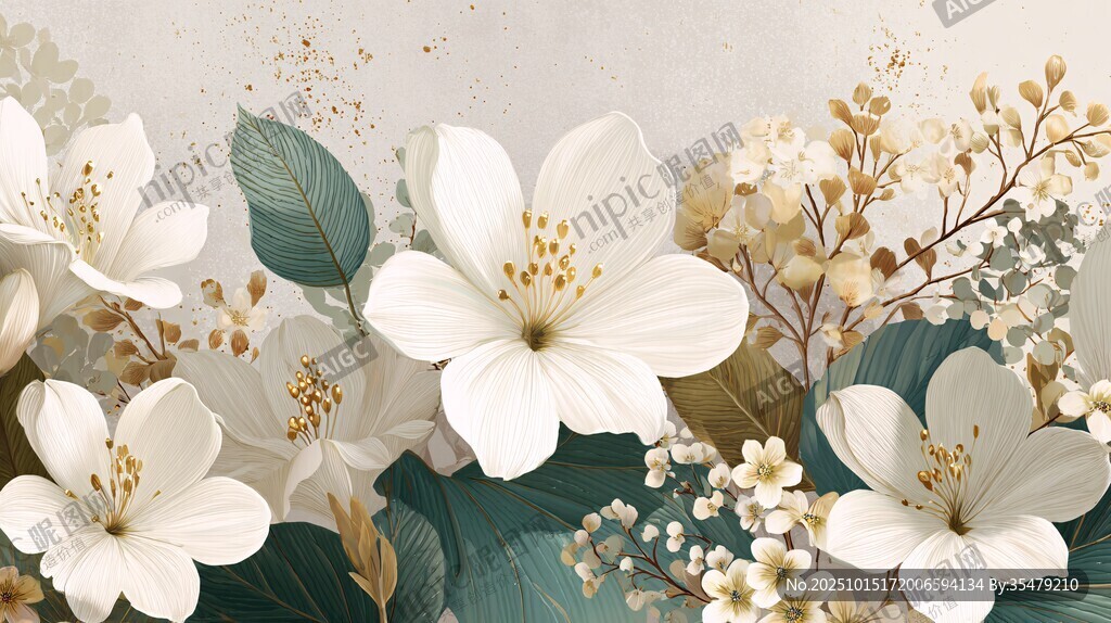 白色花卉綠植裝飾插畫(huà)