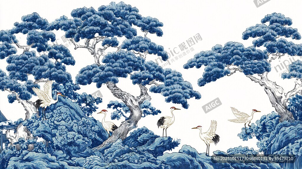 藍(lán)白松鶴圖