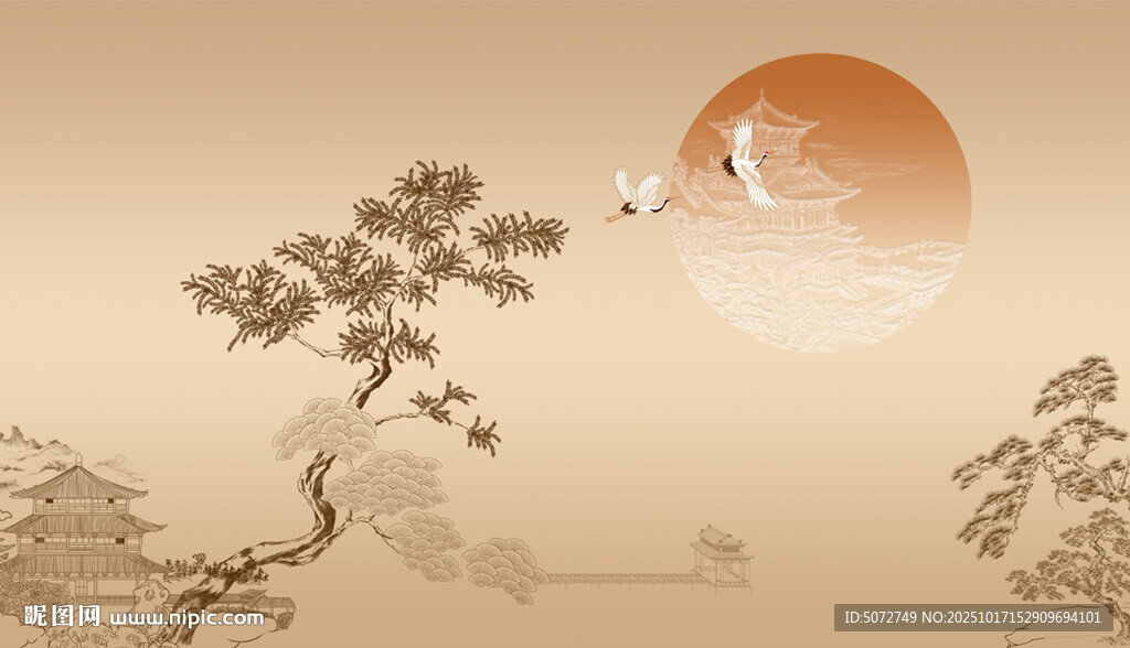 新中輕奢飛鳥(niǎo)閣樓建筑背景落日