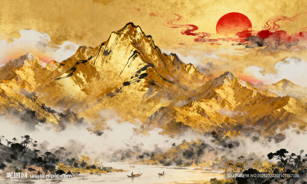金色山水圖背景