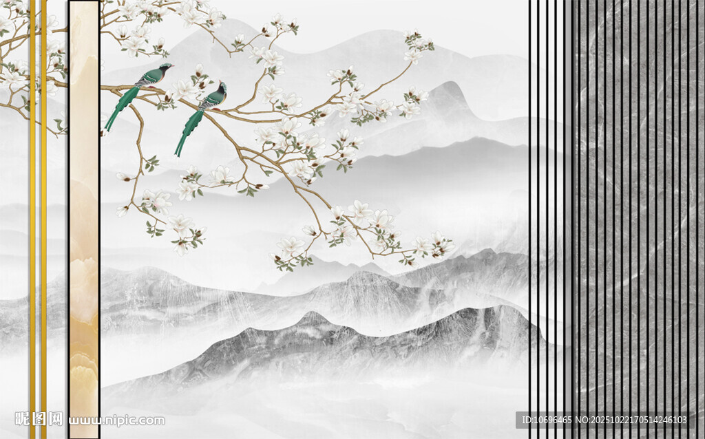 新中式花鳥山水格柵背景墻