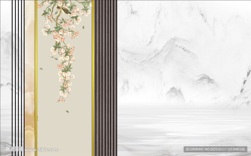 新中式花鳥山水格柵背景墻