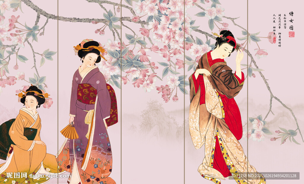 新中式花鳥畫侍女圖背景畫