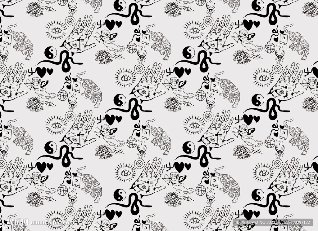 黑白花卉蝴蝶涂鴉卡通圖案背景