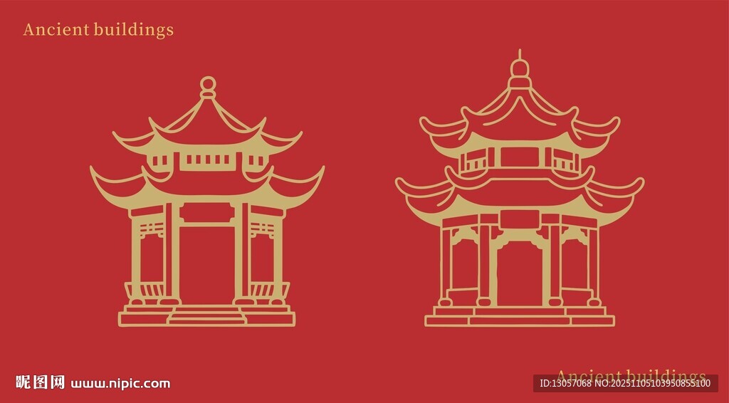 中式古典亭閣矢量圖案