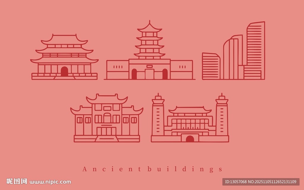 中式建筑線條圖展示