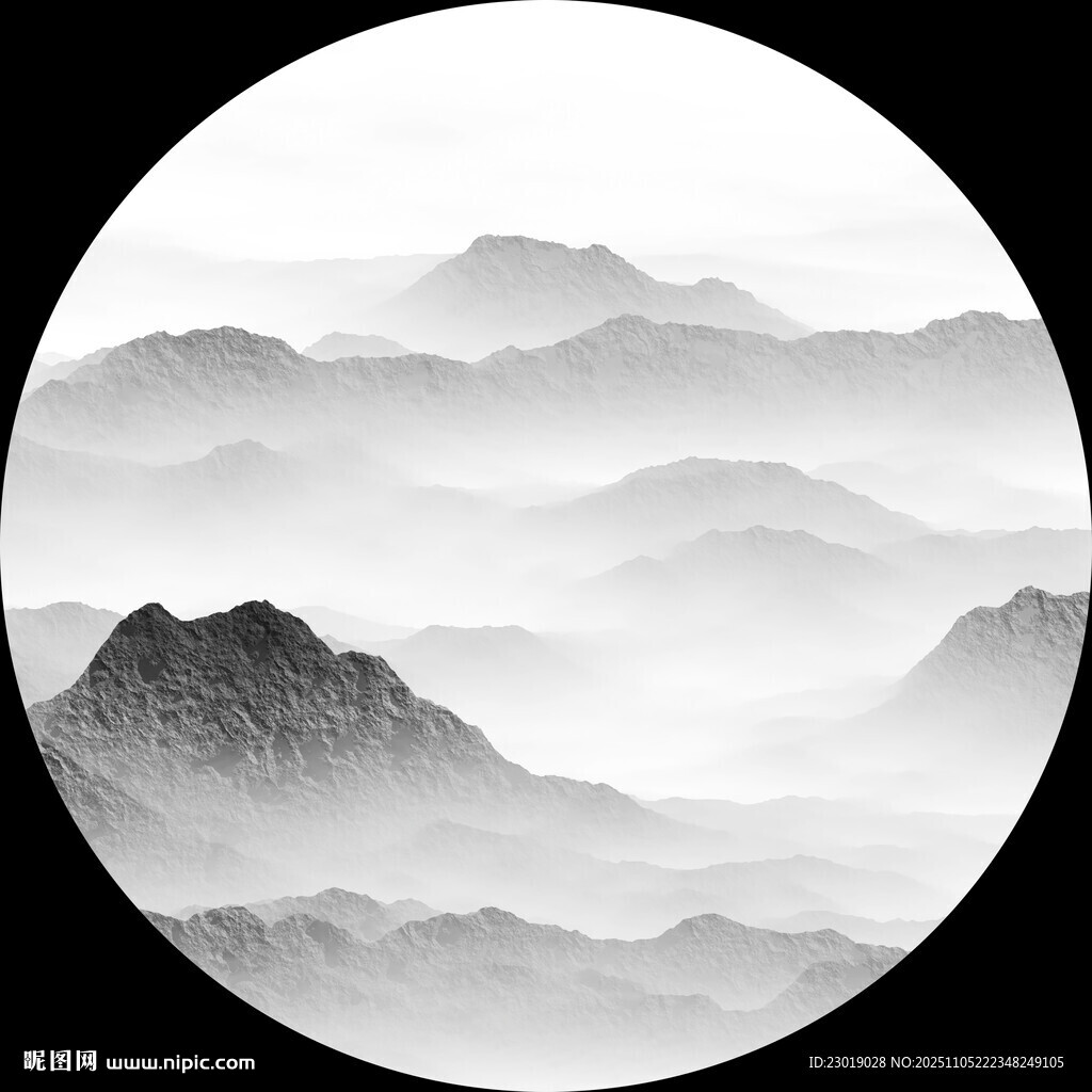 水墨山水圓形意境圖