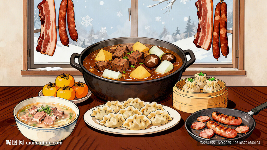 手繪廿四節(jié)氣小雪美食氛圍插畫