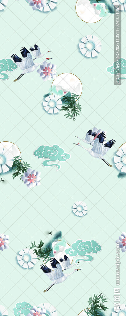 清新中式云紋花鳥圖案