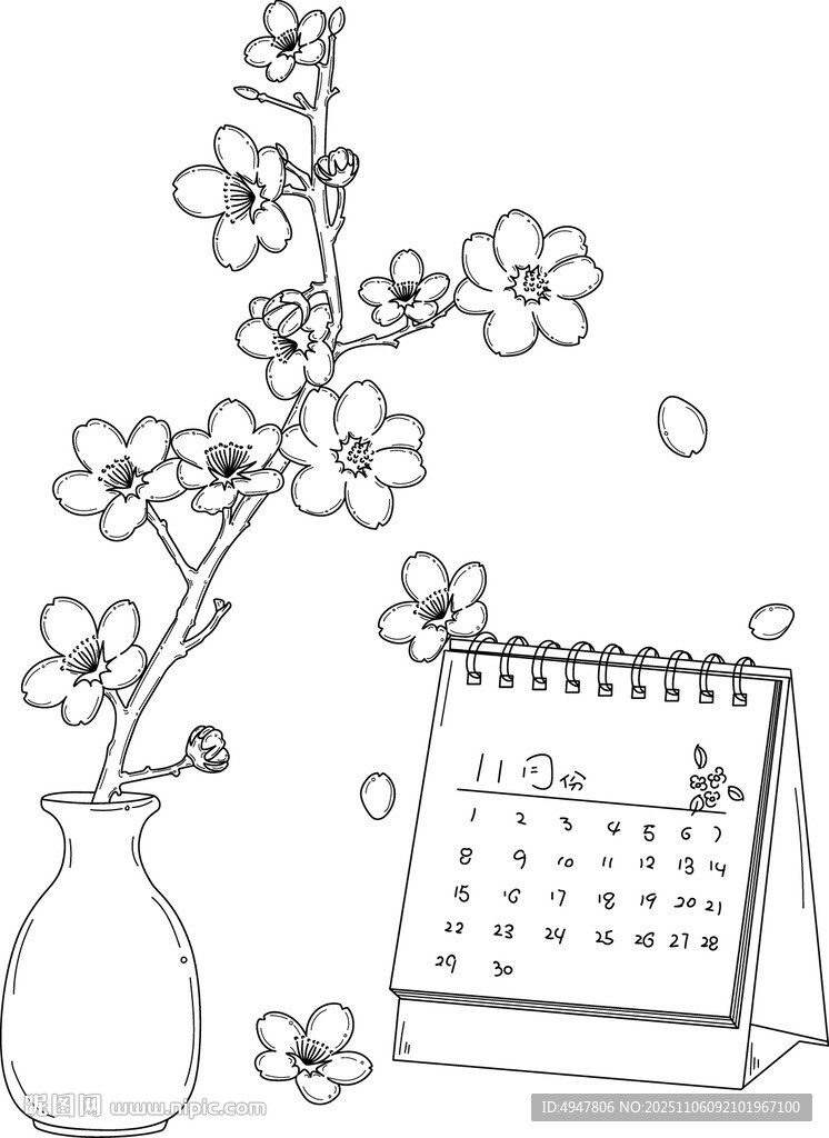 花瓶旁的日歷與綻放花枝 矢量圖