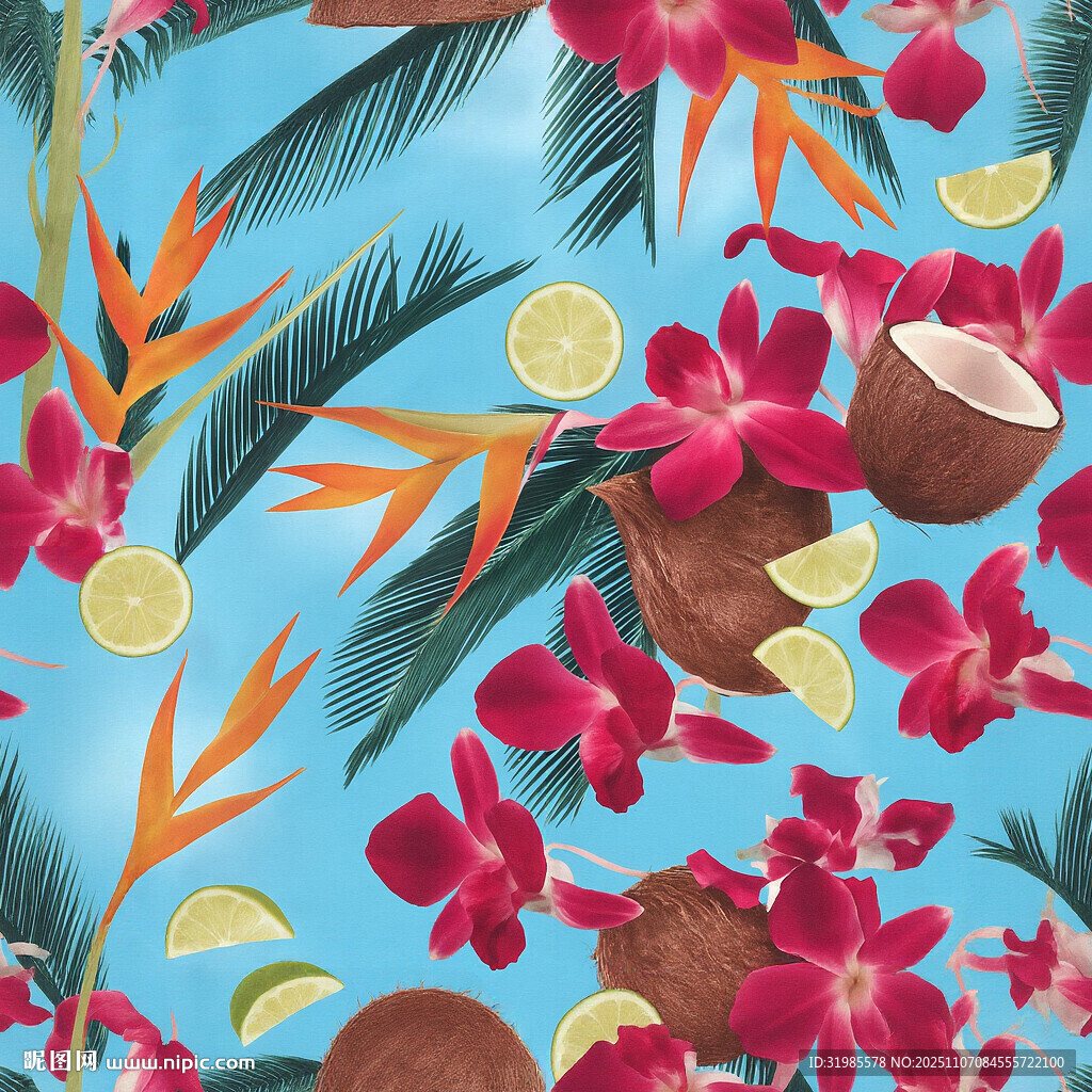 熱帶花卉與椰子圖案背景