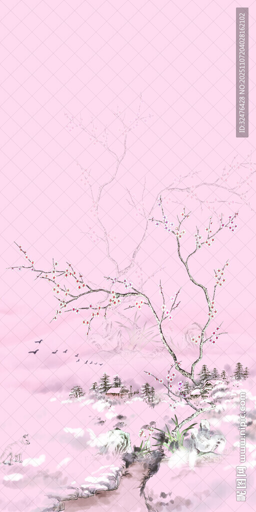 粉色雪景中的孤枝