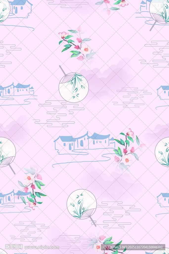 淡粉底水彩中式風(fēng)景圖案
