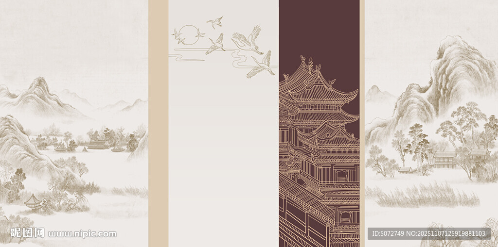 復古新中式山水古建筑裝飾畫