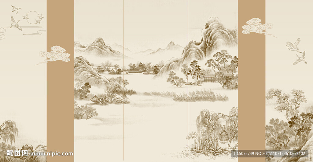 輕奢中式立體山水屏風(fēng)裝飾畫背景