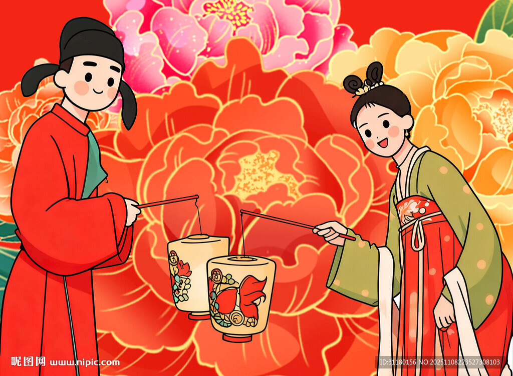 古裝男女共賞喜慶燈籠手繪插畫