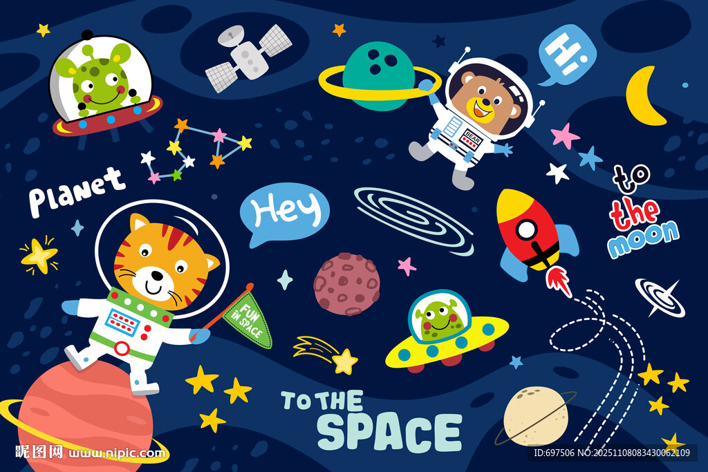 可愛動(dòng)物宇航員卡通宇宙星球背景