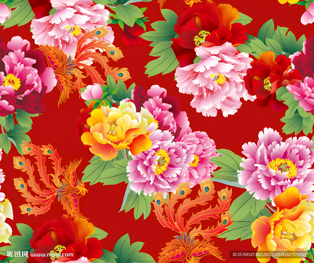 中式花卉紅底錦緞圖案