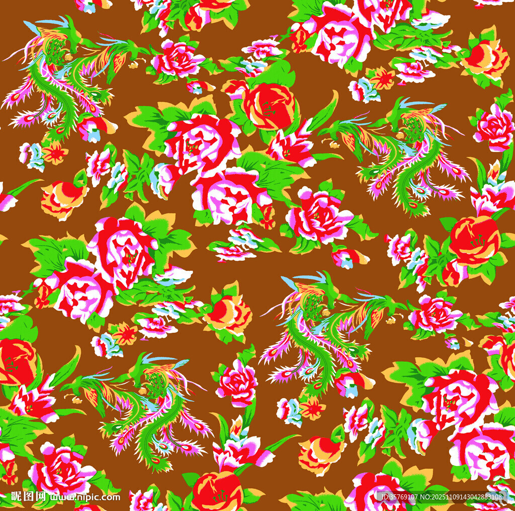 花卉飛鳥圖案的多彩織物