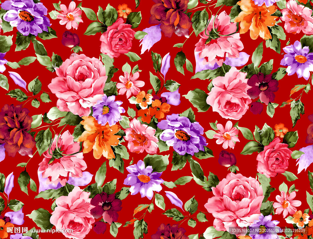 紅色背景花卉水彩圖案