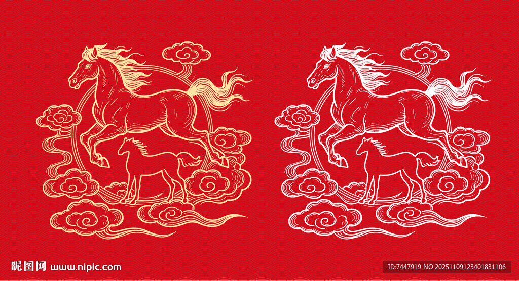 紅底金紋駿馬中式圖案