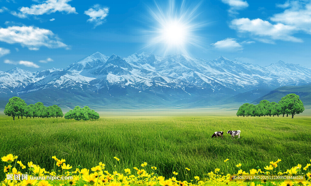 雪山藍(lán)天白云大草原