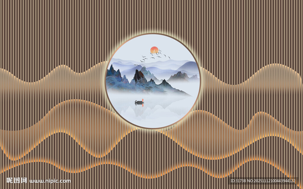 新中式格柵山水畫背景幕墻