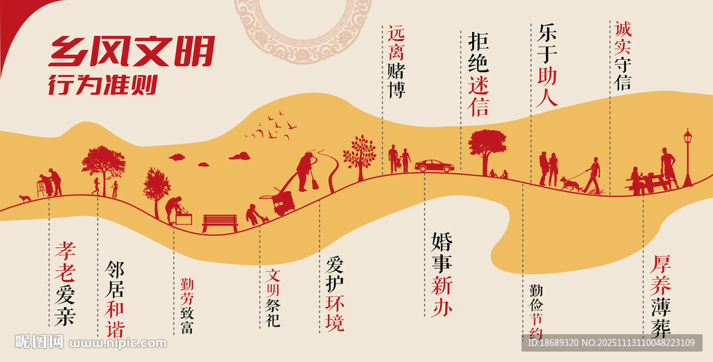 鄉(xiāng)風(fēng)文明展板中式矢量鄉(xiāng)情暖色村