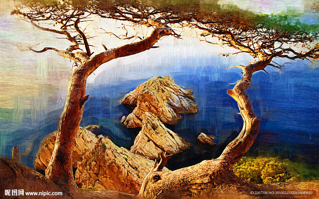 山海枯树油画