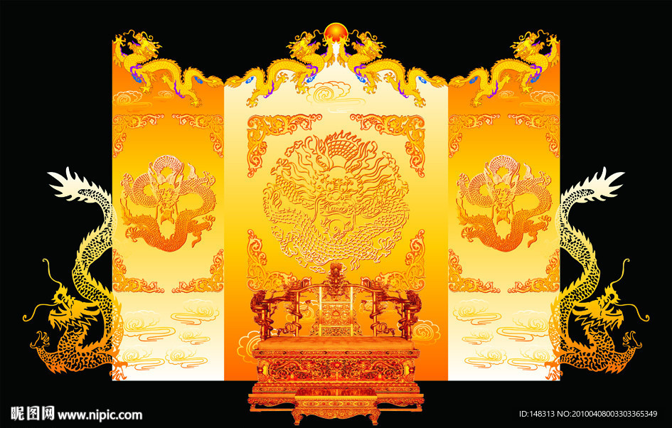 中国元素龙纹屏风龙椅