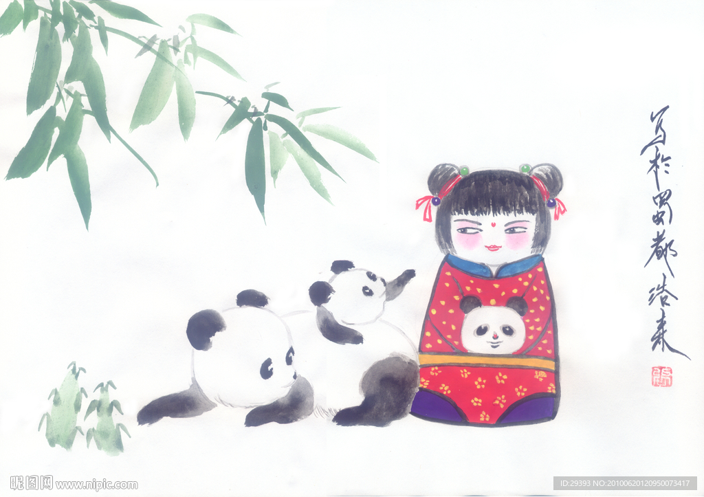 大阿福 女孩和两只熊猫