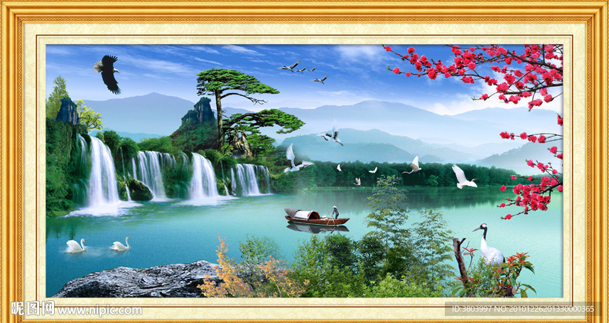 山水画 瀑布 自然风景