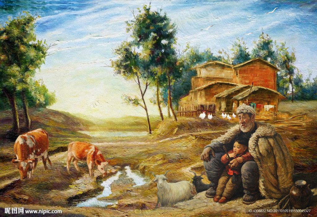 油画风景 山村油画