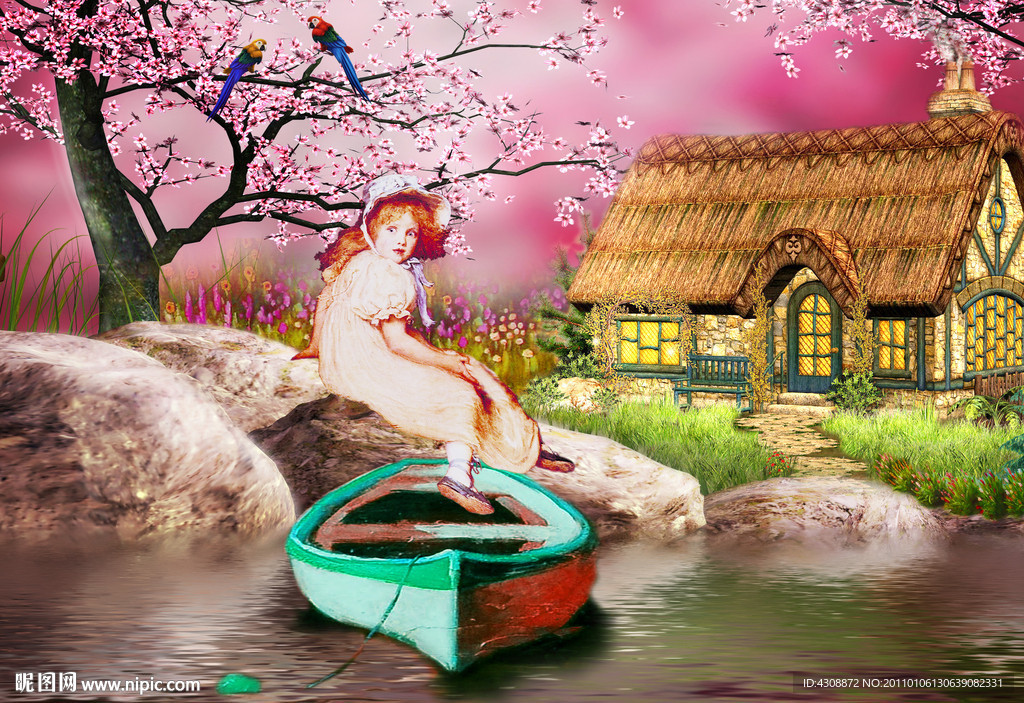 油画风景 桃花岛