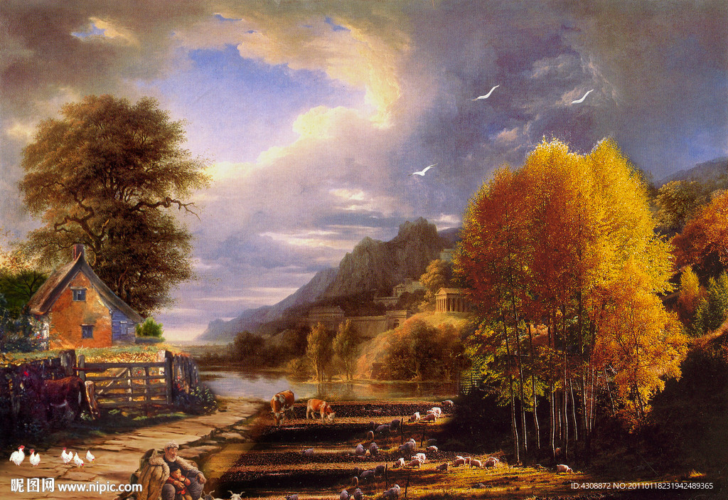 油画风景 山村风景