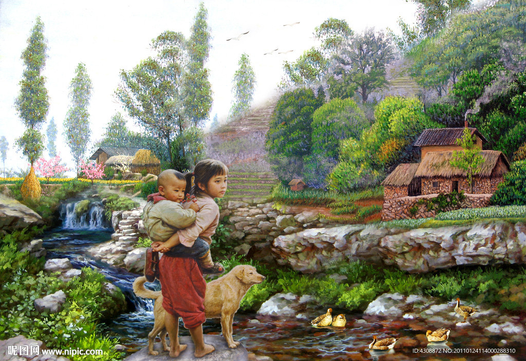 油画风景 山村风景