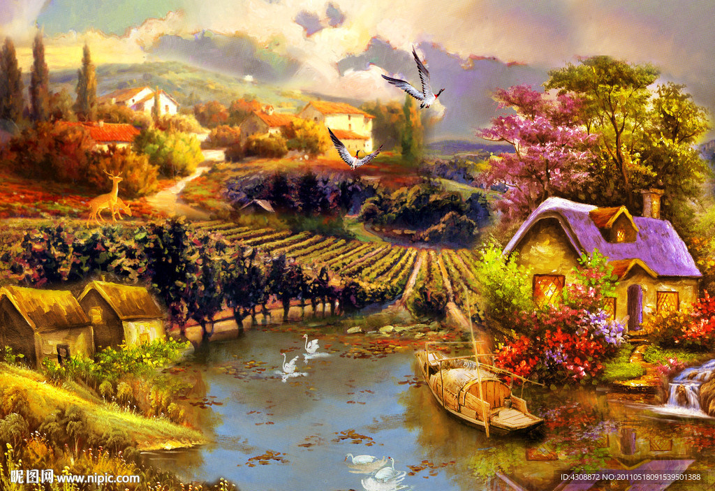 油画风景 山村油画