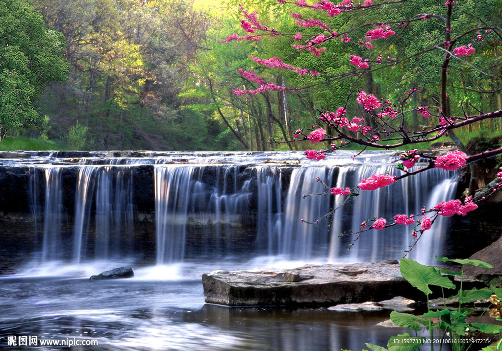 风景画瀑布桃花立体画序列图