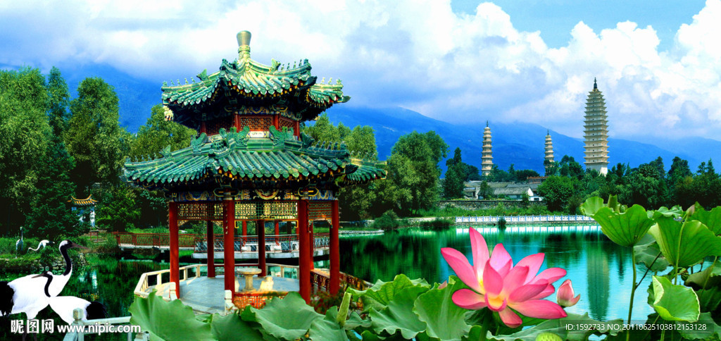 风景荷塘凉亭立体画序列图