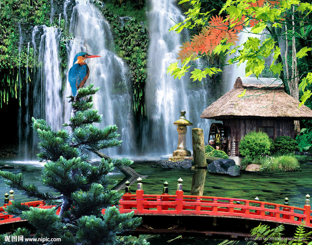 风景瀑布小桥 立体画序列图