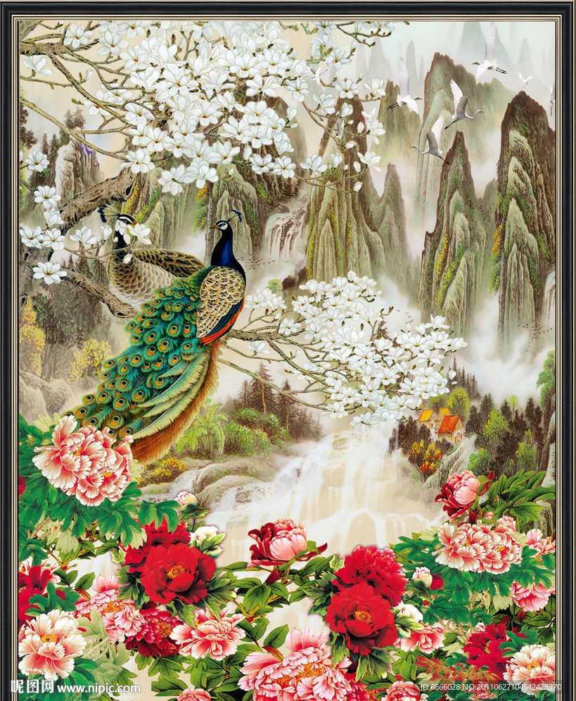 山水画山峰孔雀牡丹兰花