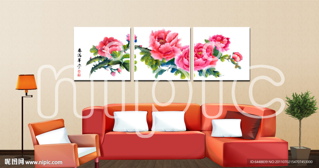 沙发背景墙 牡丹