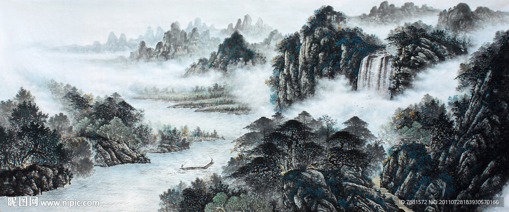 国画淡彩山水画