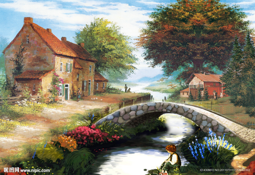 油画风景 山村油画