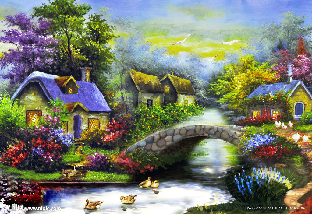 油画风景 山村油画