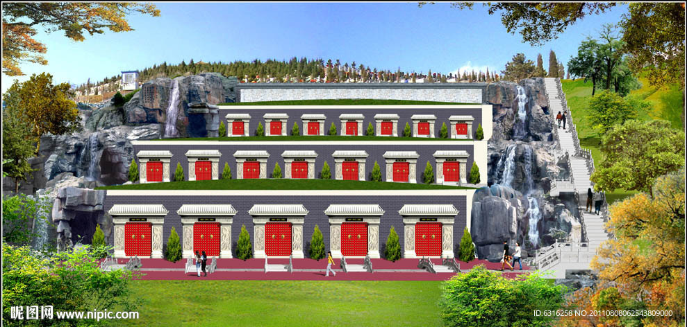 墓园假山跌水景观效果图